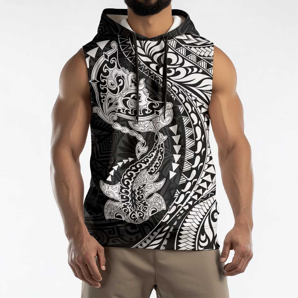 Hawaiian Manta Ray and Hammerhead Shark Tribal Tattoo Sleeveless Hoodie with Polynesian Tribal Pattern Black-White Color LT03 - Polynesian Pride