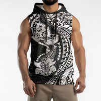 Hawaiian Manta Ray and Hammerhead Shark Tribal Tattoo Sleeveless Hoodie with Polynesian Tribal Pattern Black-White Color LT03 - Polynesian Pride