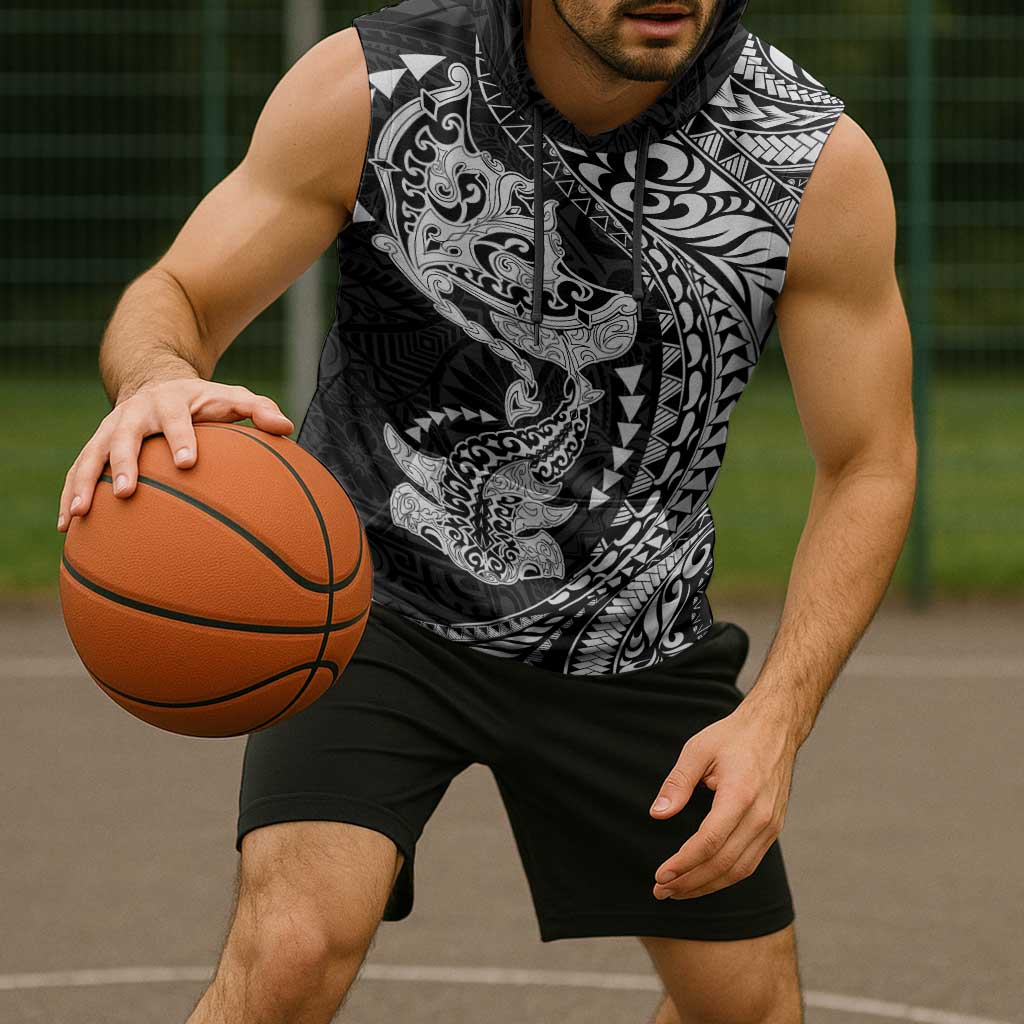 Hawaiian Manta Ray and Hammerhead Shark Tribal Tattoo Sleeveless Hoodie with Polynesian Tribal Pattern Black-White Color LT03 - Polynesian Pride