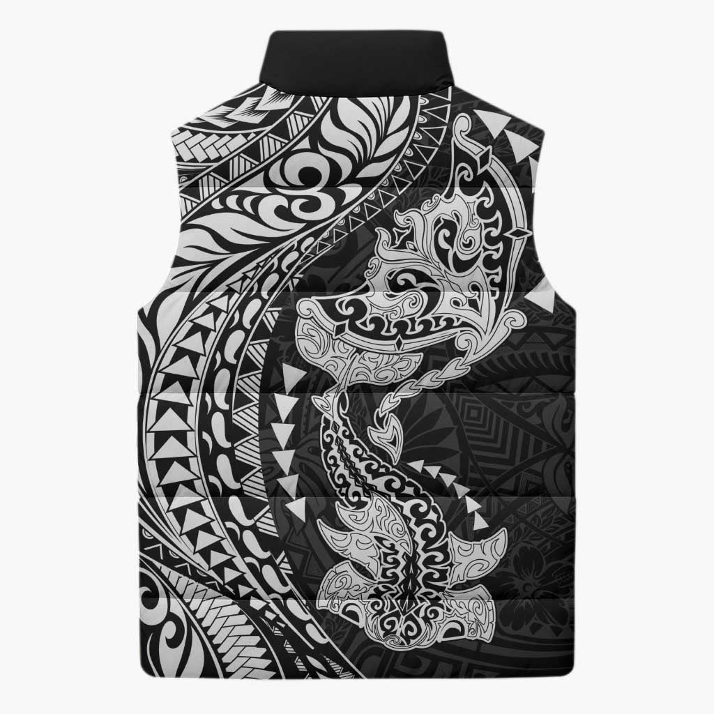 Hawaiian Manta Ray and Hammerhead Shark Tribal Tattoo Sleeveless Puffer Jacket with Polynesian Tribal Pattern Black-White Color