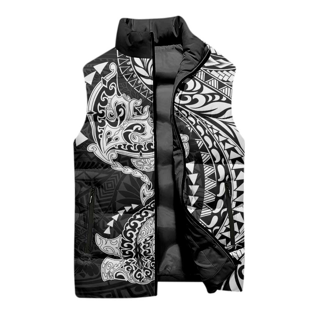 Hawaiian Manta Ray and Hammerhead Shark Tribal Tattoo Sleeveless Puffer Jacket with Polynesian Tribal Pattern Black-White Color