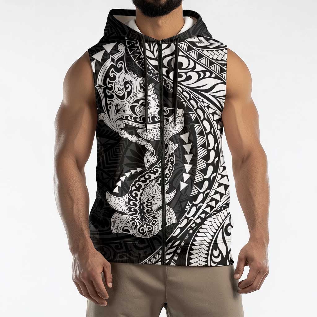 Hawaiian Manta Ray and Hammerhead Shark Tribal Tattoo Sleeveless Zip Hoodie with Polynesian Tribal Pattern Black-White Color LT03 - Polynesian Pride