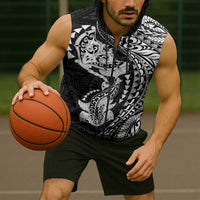Hawaiian Manta Ray and Hammerhead Shark Tribal Tattoo Sleeveless Zip Hoodie with Polynesian Tribal Pattern Black-White Color LT03 - Polynesian Pride