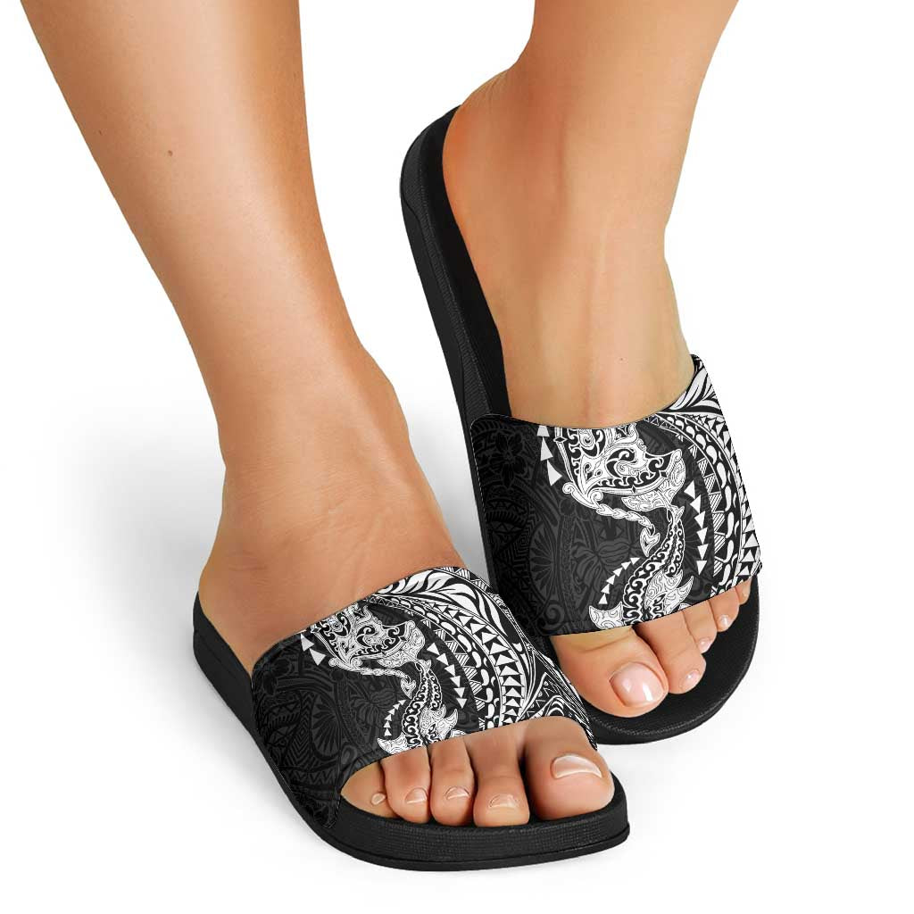Hawaiian Manta Ray and Hammerhead Shark Tribal Tattoo Slide Sandals with Polynesian Tribal Pattern Black-White Color LT03 - Polynesian Pride