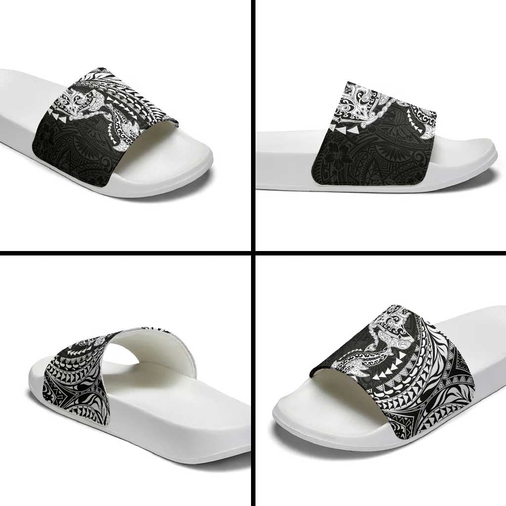 Hawaiian Manta Ray and Hammerhead Shark Tribal Tattoo Slide Sandals with Polynesian Tribal Pattern Black-White Color LT03 - Polynesian Pride