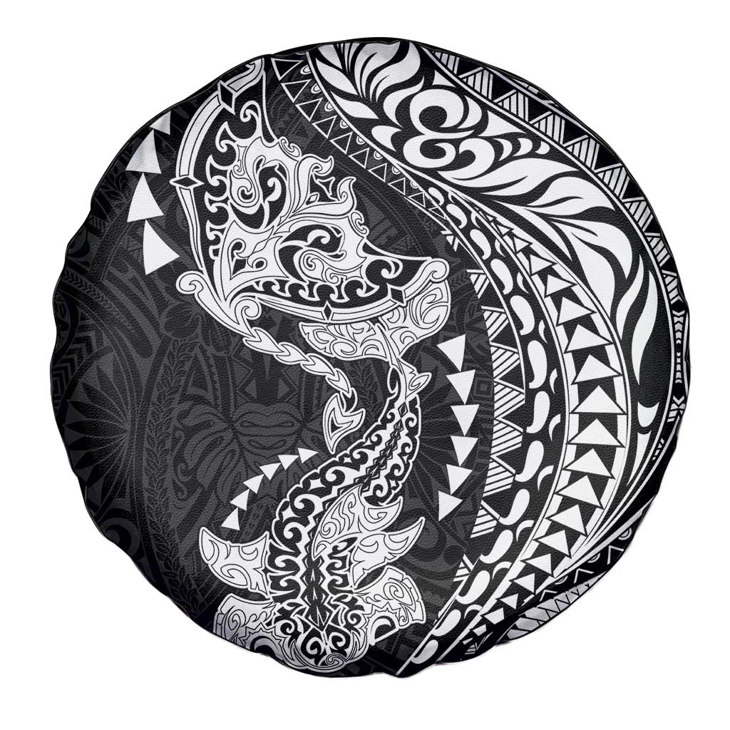 Hawaiian Manta Ray and Hammerhead Shark Tribal Tattoo Spare Tire Cover with Polynesian Tribal Pattern Black-White Color LT03 - Polynesian Pride