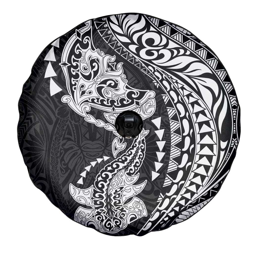 Hawaiian Manta Ray and Hammerhead Shark Tribal Tattoo Spare Tire Cover with Polynesian Tribal Pattern Black-White Color LT03 - Polynesian Pride