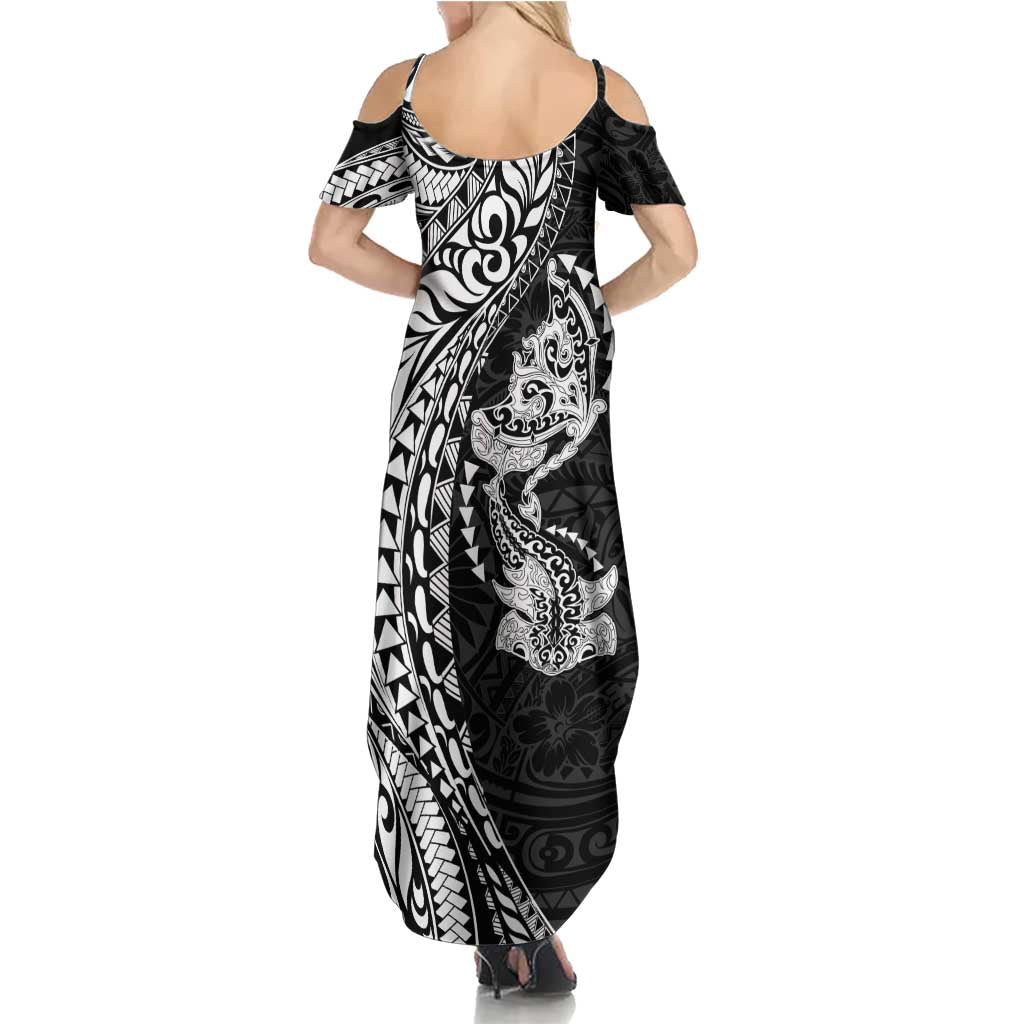 Hawaiian Manta Ray and Hammerhead Shark Tribal Tattoo Summer Maxi Dress with Polynesian Tribal Pattern Black-White Color LT03 - Polynesian Pride