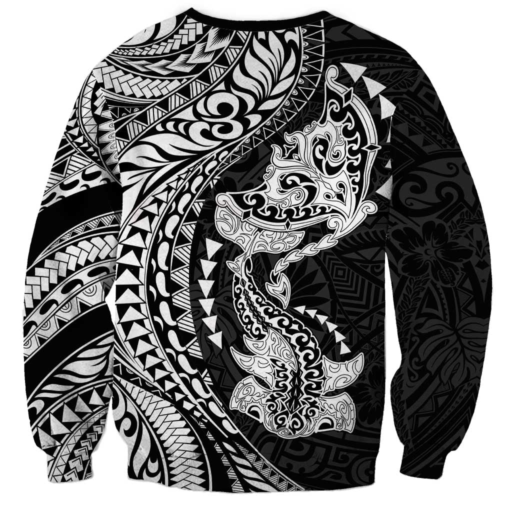 Hawaiian Manta Ray and Hammerhead Shark Tribal Tattoo Sweatshirt with Polynesian Tribal Pattern Black-White Color