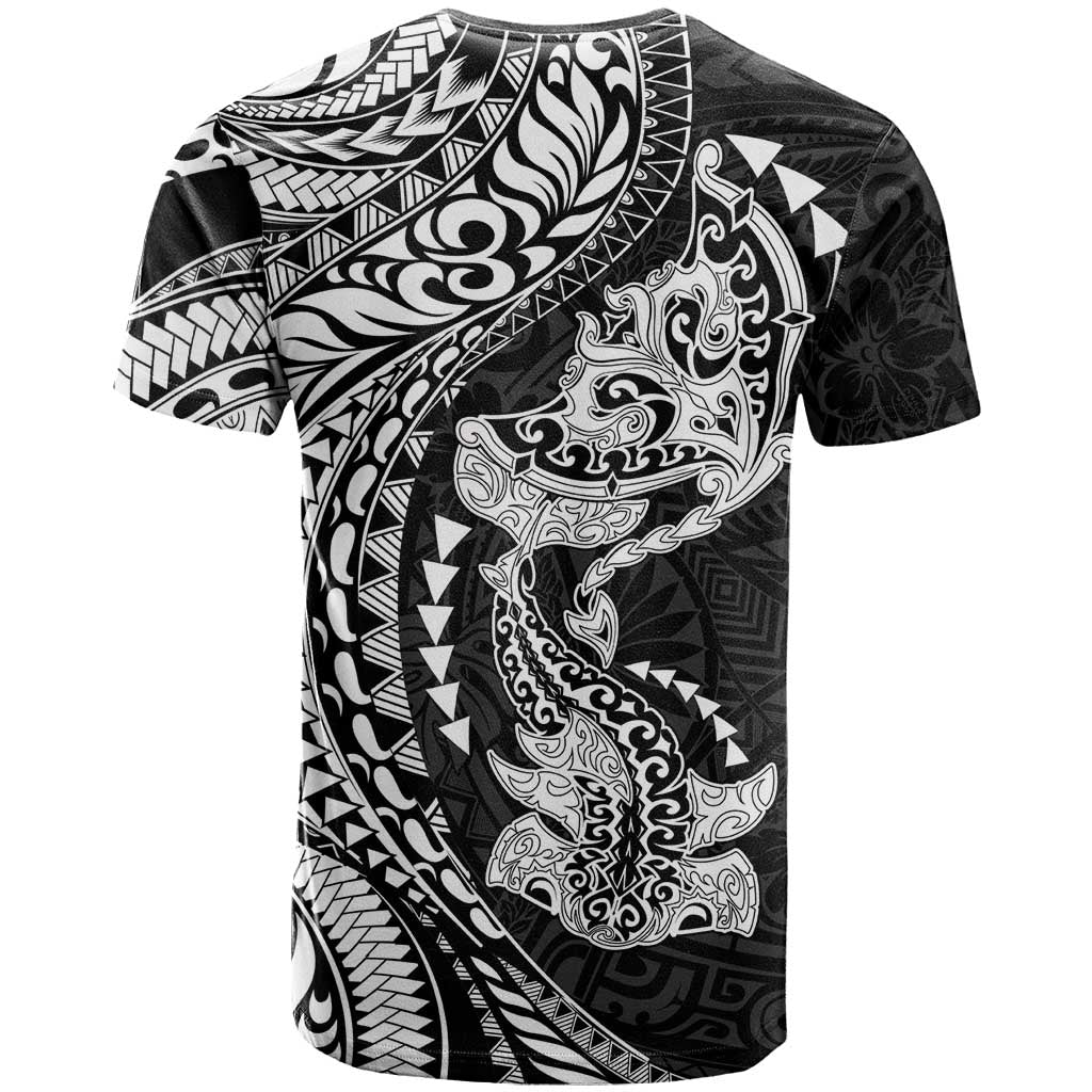 Hawaiian Manta Ray and Hammerhead Shark Tribal Tattoo T Shirt with Polynesian Tribal Pattern Black-White Color LT03 - Polynesian Pride