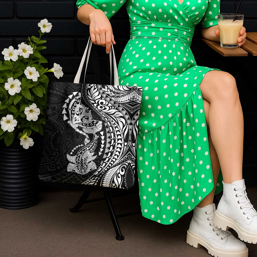 Hawaiian Manta Ray and Hammerhead Shark Tribal Tattoo Tote Bag with Polynesian Tribal Pattern Black-White Color LT03 - Polynesian Pride
