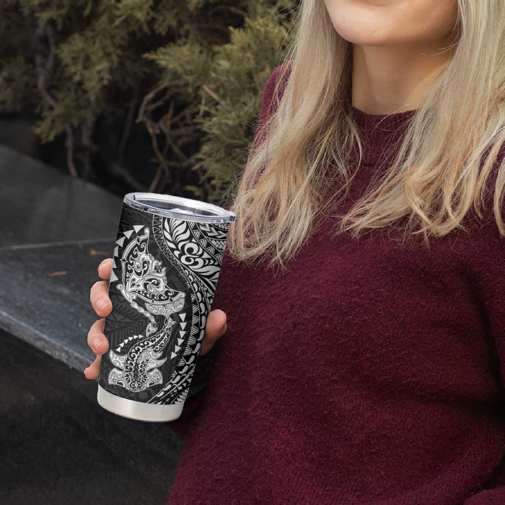 Hawaiian Manta Ray and Hammerhead Shark Tribal Tattoo Tumbler Cup with Polynesian Tribal Pattern Black-White Color LT03 - Polynesian Pride