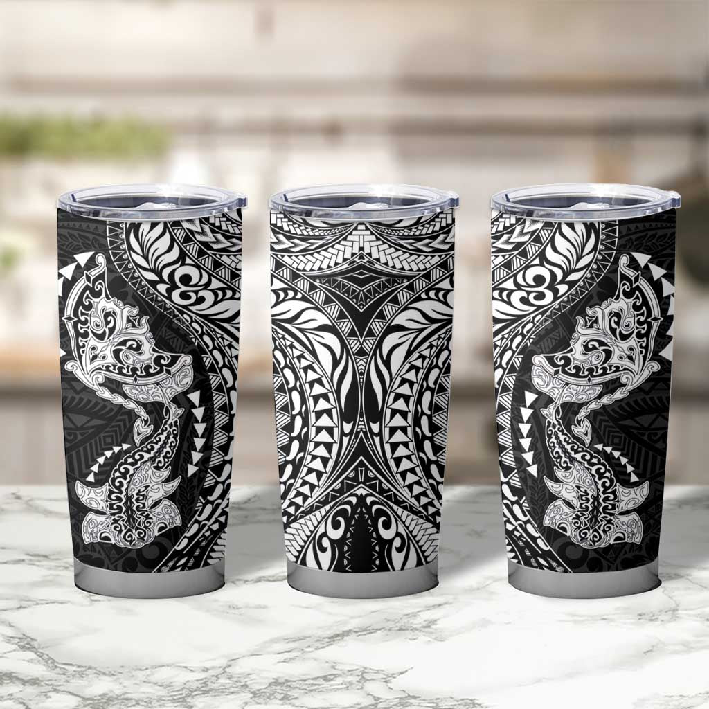 Hawaiian Manta Ray and Hammerhead Shark Tribal Tattoo Tumbler Cup with Polynesian Tribal Pattern Black-White Color LT03 - Polynesian Pride