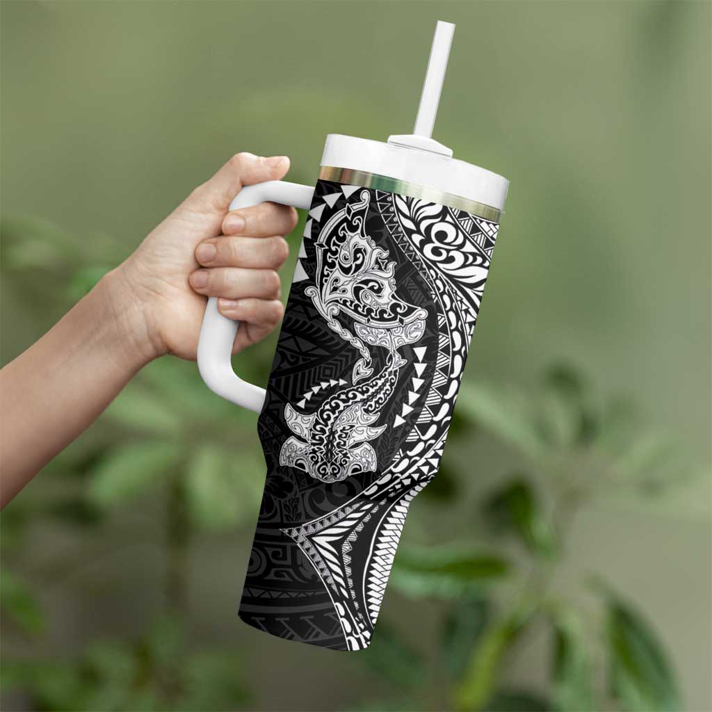Hawaiian Manta Ray and Hammerhead Shark Tribal Tattoo Tumbler With Handle with Polynesian Tribal Pattern Black-White Color LT03 - Polynesian Pride