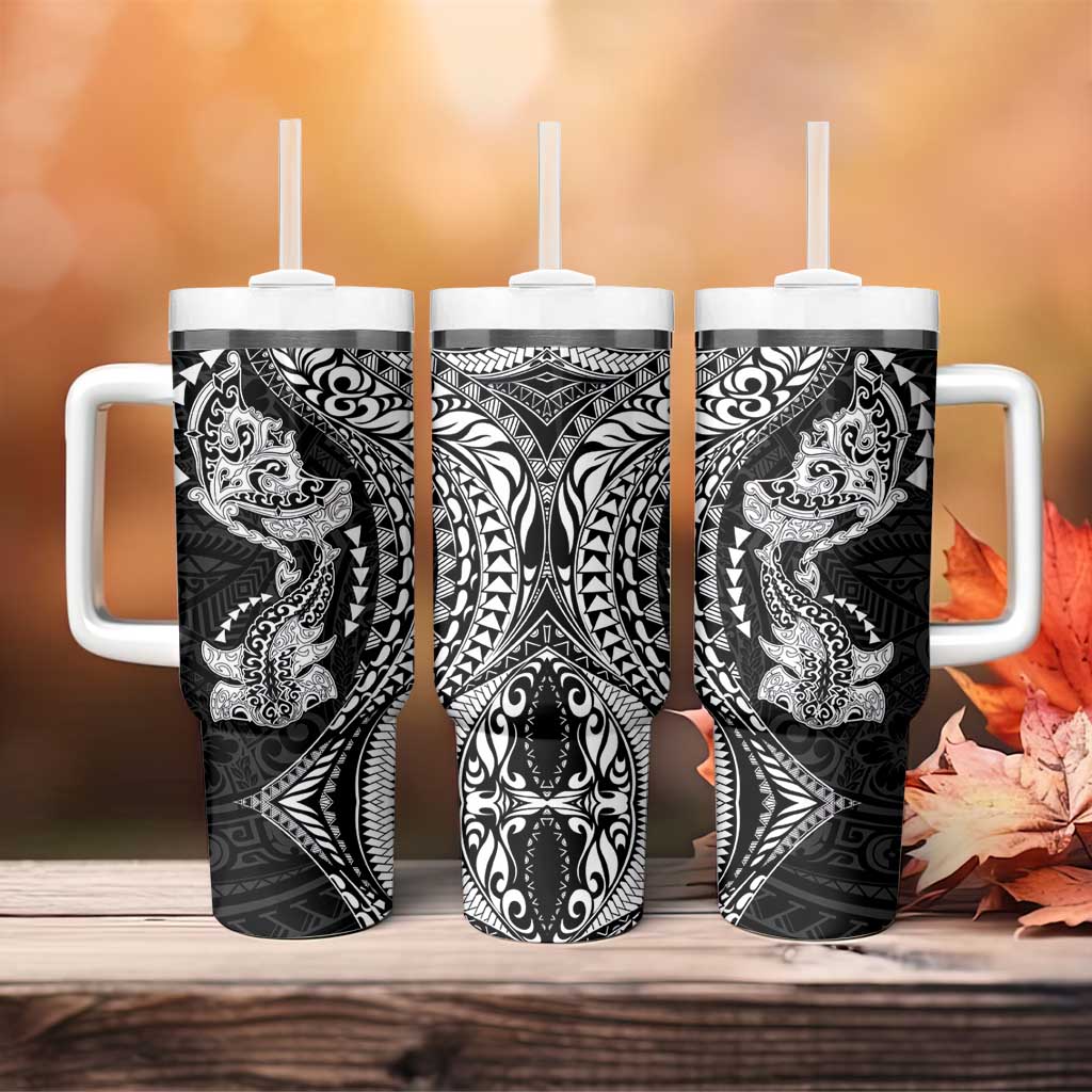 Hawaiian Manta Ray and Hammerhead Shark Tribal Tattoo Tumbler With Handle with Polynesian Tribal Pattern Black-White Color LT03 - Polynesian Pride