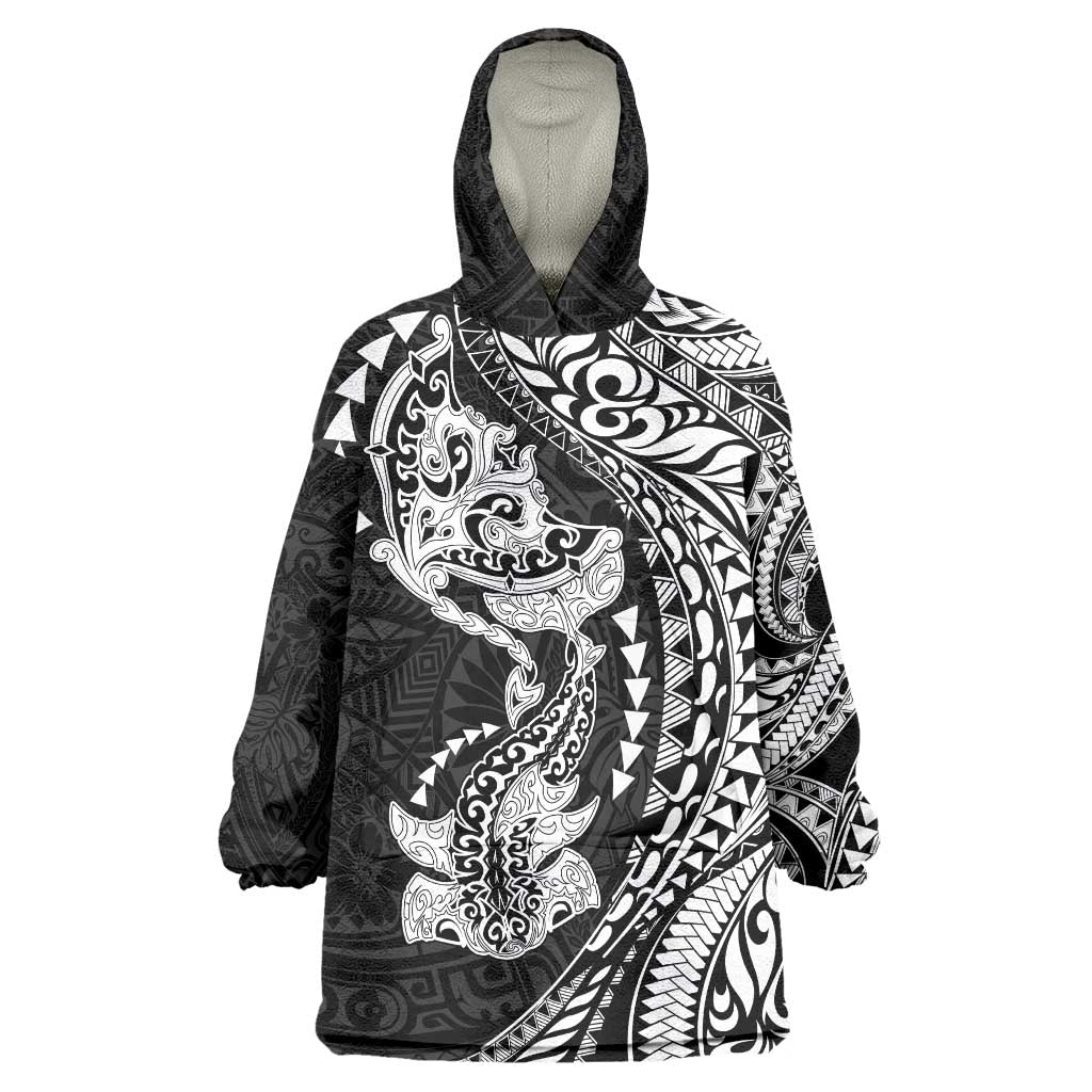 Hawaiian Manta Ray and Hammerhead Shark Tribal Tattoo Wearable Blanket Hoodie with Polynesian Tribal Pattern Black-White Color LT03 One Size Multicolor - Polynesian Pride