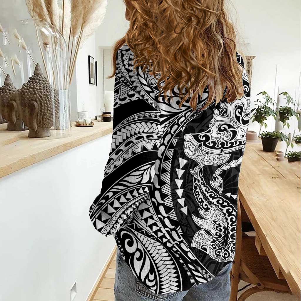 Hawaiian Manta Ray and Hammerhead Shark Tribal Tattoo Women Casual Shirt with Polynesian Tribal Pattern Black-White Color LT03 - Polynesian Pride