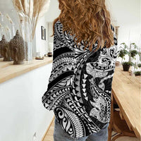 Hawaiian Manta Ray and Hammerhead Shark Tribal Tattoo Women Casual Shirt with Polynesian Tribal Pattern Black-White Color LT03 - Polynesian Pride