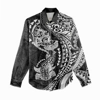 Hawaiian Manta Ray and Hammerhead Shark Tribal Tattoo Women Casual Shirt with Polynesian Tribal Pattern Black-White Color LT03 - Polynesian Pride