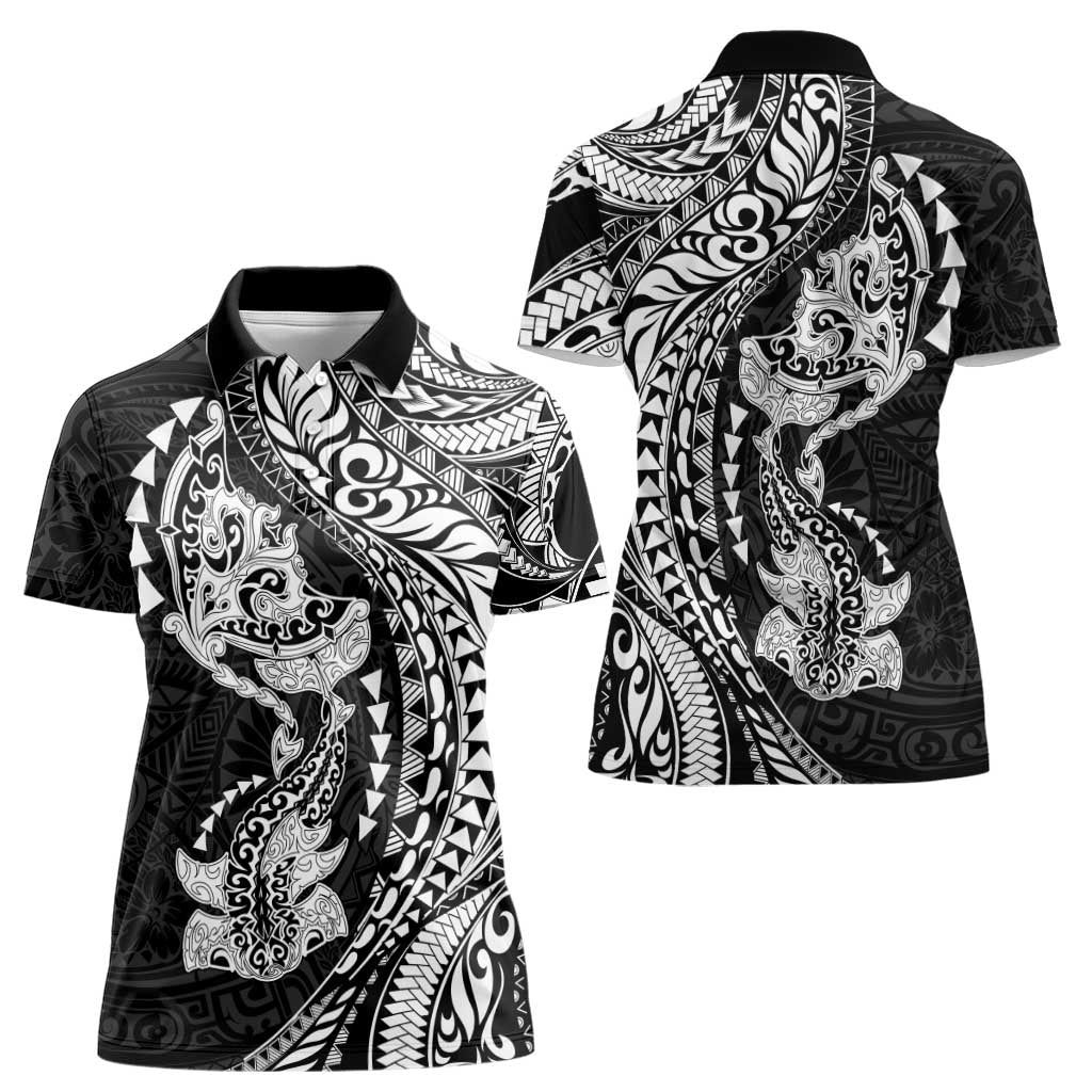 Hawaiian Manta Ray and Hammerhead Shark Tribal Tattoo Women Polo Shirt with Polynesian Tribal Pattern Black-White Color LT03 - Polynesian Pride