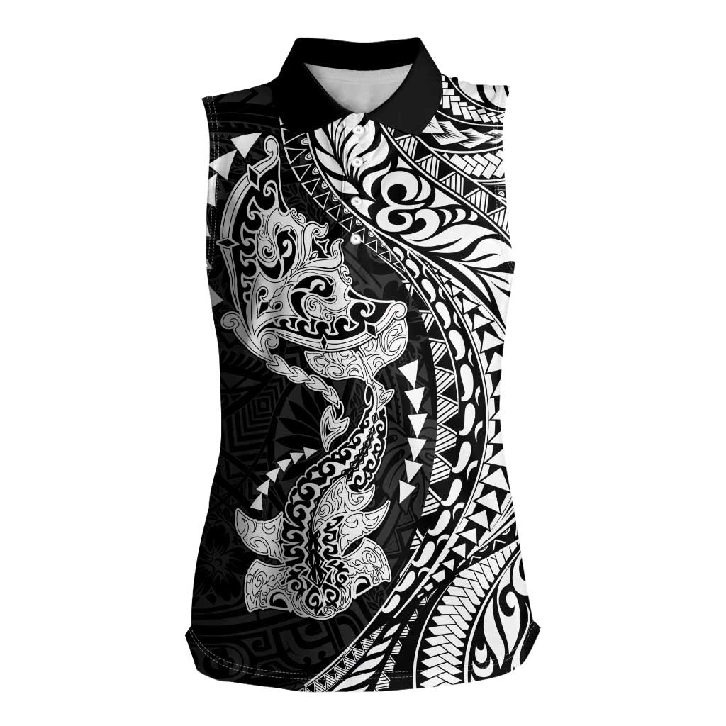 Hawaiian Manta Ray and Hammerhead Shark Tribal Tattoo Women Sleeveless Polo Shirt with Polynesian Tribal Pattern Black-White Color LT03 Female Multicolor - Polynesian Pride