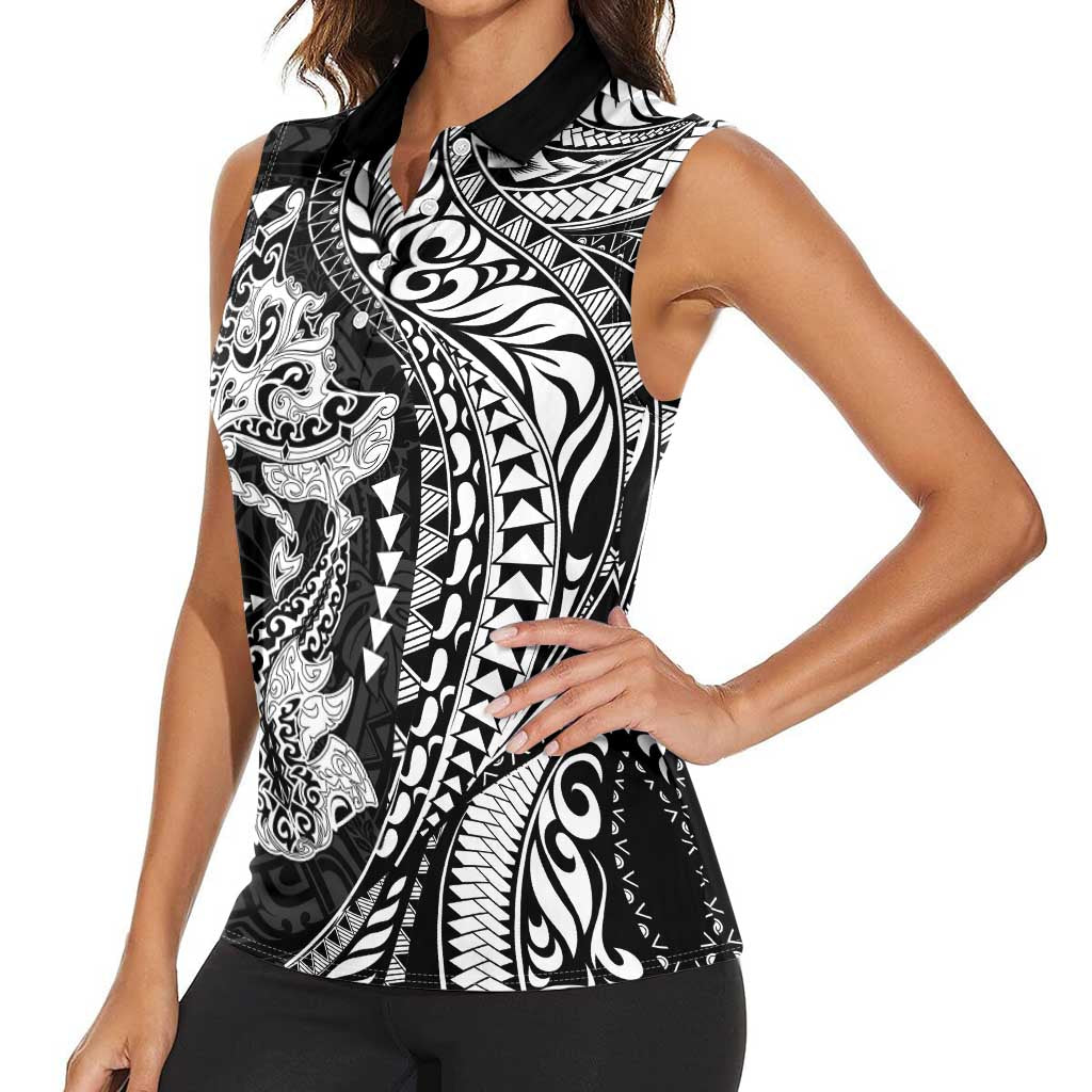 Hawaiian Manta Ray and Hammerhead Shark Tribal Tattoo Women Sleeveless Polo Shirt with Polynesian Tribal Pattern Black-White Color LT03 - Polynesian Pride