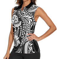 Hawaiian Manta Ray and Hammerhead Shark Tribal Tattoo Women Sleeveless Polo Shirt with Polynesian Tribal Pattern Black-White Color LT03 - Polynesian Pride
