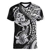 Hawaiian Manta Ray and Hammerhead Shark Tribal Tattoo Women V-Neck T-Shirt with Polynesian Tribal Pattern Black-White Color LT03 Female Multicolor - Polynesian Pride