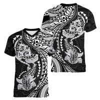 Hawaiian Manta Ray and Hammerhead Shark Tribal Tattoo Women V-Neck T-Shirt with Polynesian Tribal Pattern Black-White Color LT03 - Polynesian Pride