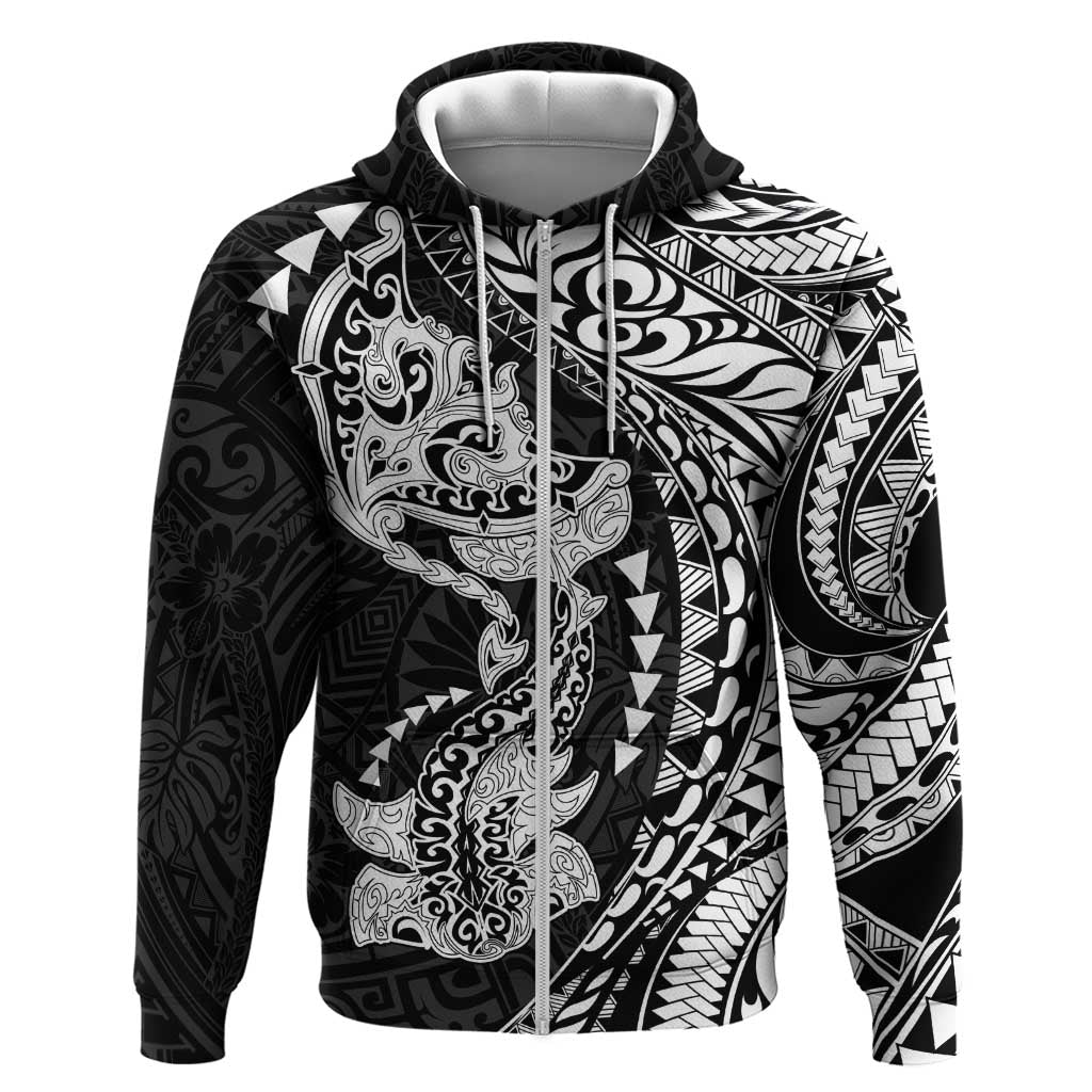 Hawaiian Manta Ray and Hammerhead Shark Tribal Tattoo Zip Hoodie with Polynesian Tribal Pattern Black-White Color LT03 Zip Hoodie Multicolor - Polynesian Pride