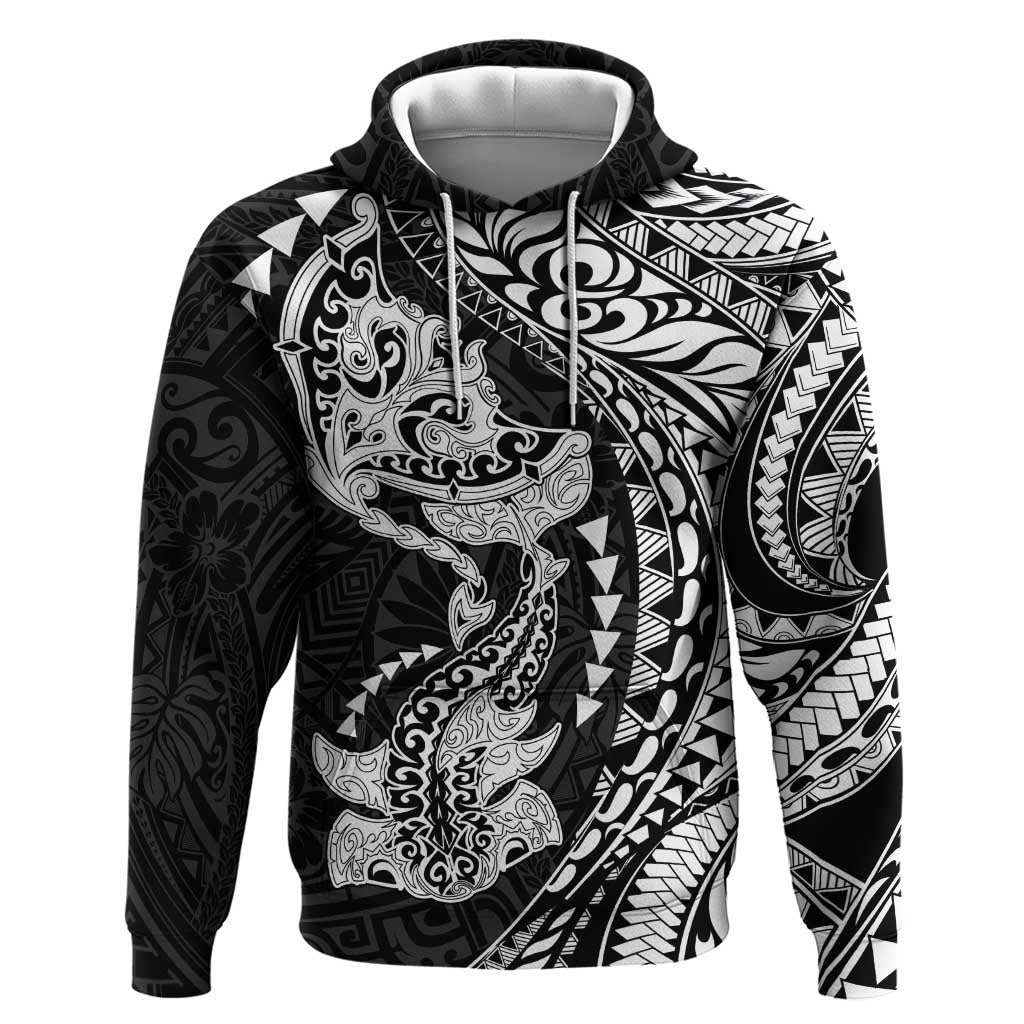 Hawaiian Manta Ray and Hammerhead Shark Tribal Tattoo Zip Hoodie with Polynesian Tribal Pattern Black-White Color LT03 Pullover Hoodie Multicolor - Polynesian Pride