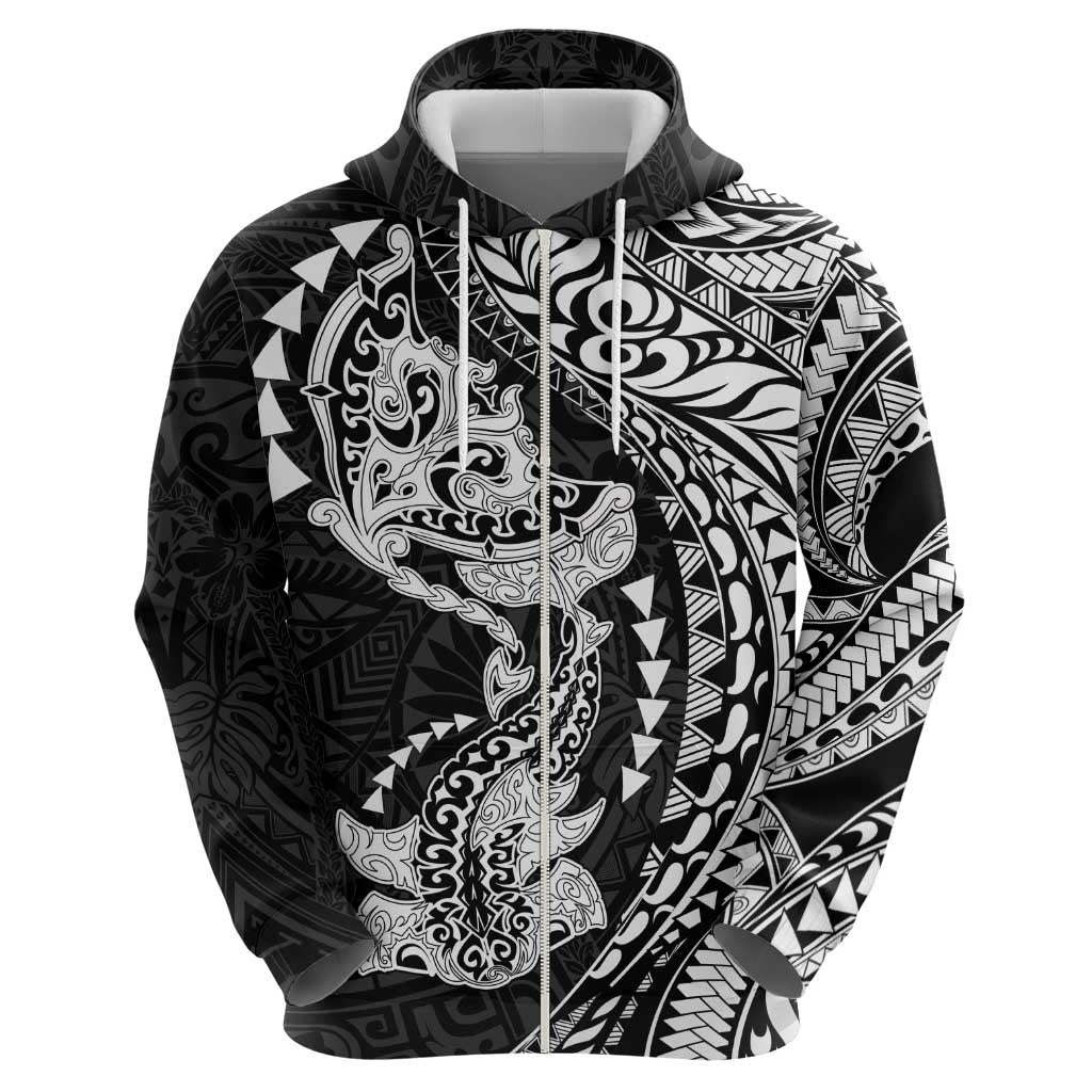 Hawaiian Manta Ray and Hammerhead Shark Tribal Tattoo Zip Hoodie with Polynesian Tribal Pattern Black-White Color LT03 - Polynesian Pride