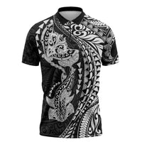 Hawaiian Manta Ray and Hammerhead Shark Tribal Tattoo Zipper Polo Shirt with Polynesian Tribal Pattern Black-White Color LT03 Multicolor - Polynesian Pride