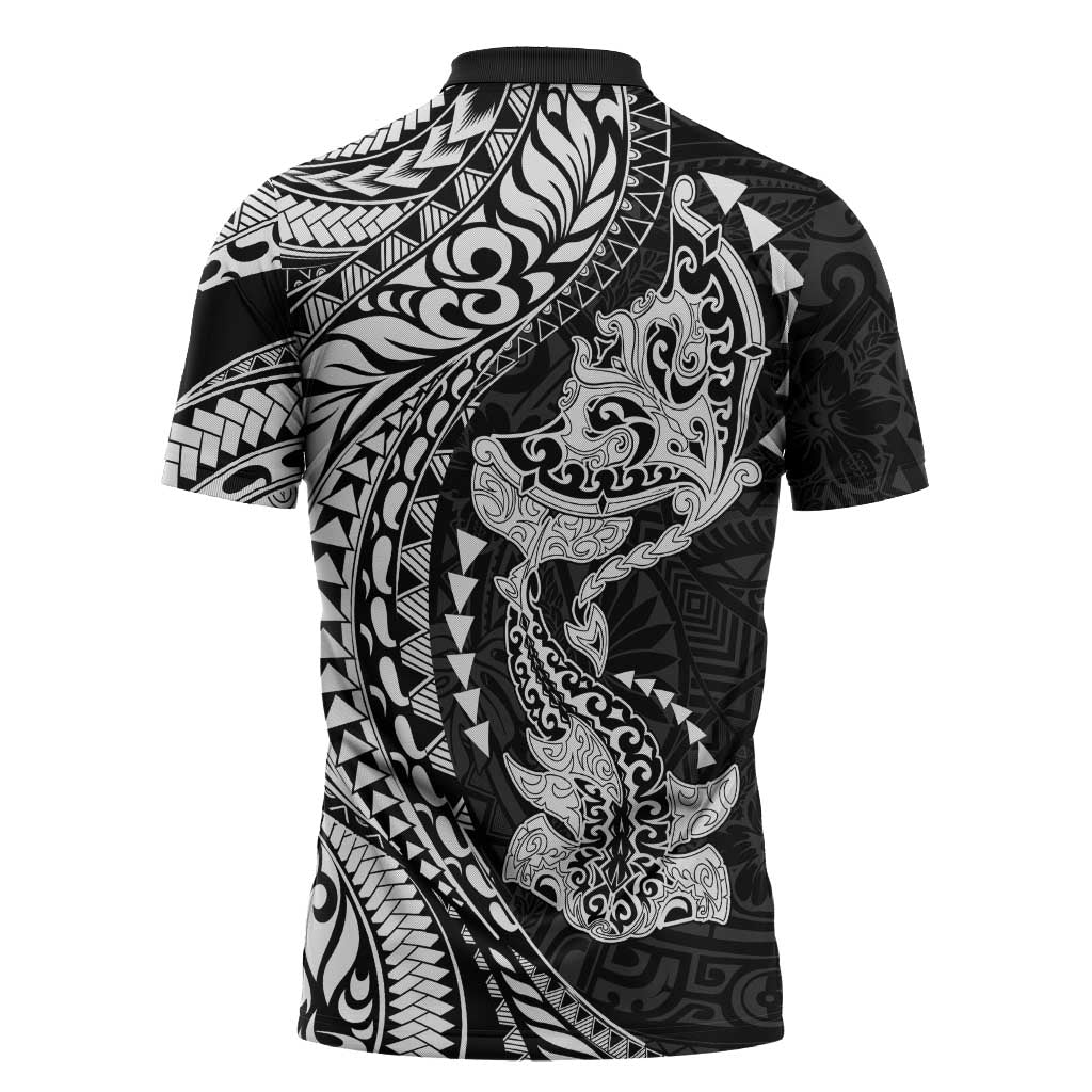 Hawaiian Manta Ray and Hammerhead Shark Tribal Tattoo Zipper Polo Shirt with Polynesian Tribal Pattern Black-White Color LT03 - Polynesian Pride