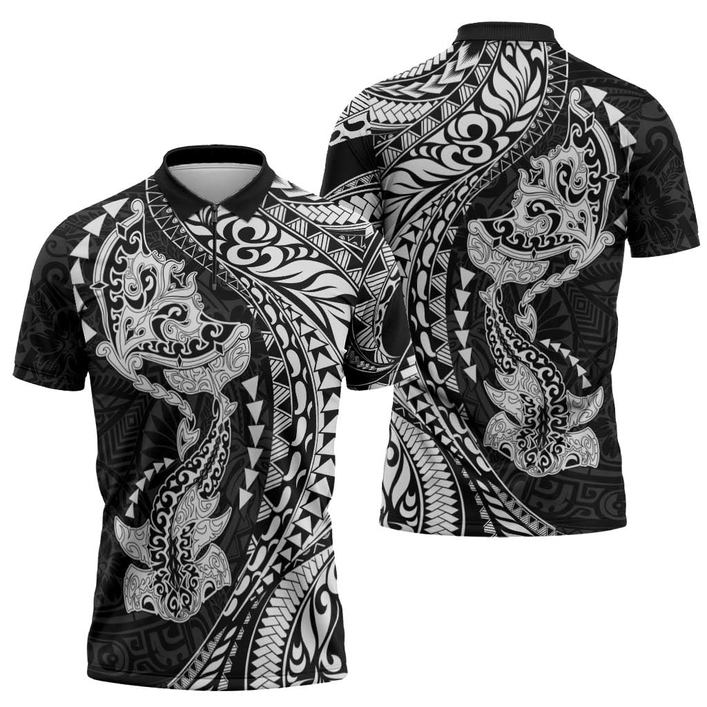Hawaiian Manta Ray and Hammerhead Shark Tribal Tattoo Zipper Polo Shirt with Polynesian Tribal Pattern Black-White Color LT03 - Polynesian Pride