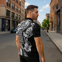 Hawaiian Manta Ray and Hammerhead Shark Tribal Tattoo Zipper Polo Shirt with Polynesian Tribal Pattern Black-White Color LT03 - Polynesian Pride