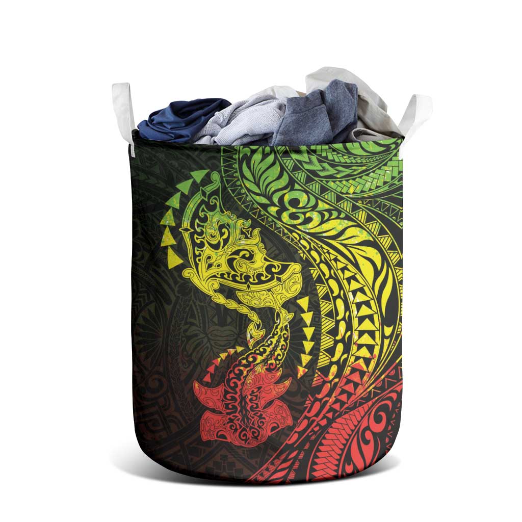 Hawaiian Manta Ray and Hammerhead Shark Tribal Tattoo Laundry Basket with Polynesian Tribal Pattern Reggae Style
