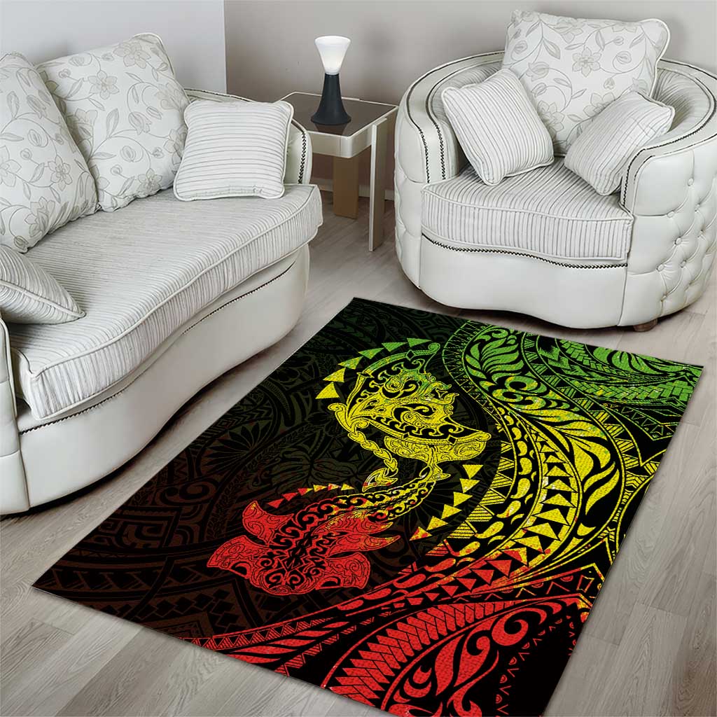 Hawaiian Manta Ray and Hammerhead Shark Tribal Tattoo Area Rug with Polynesian Tribal Pattern Reggae Style