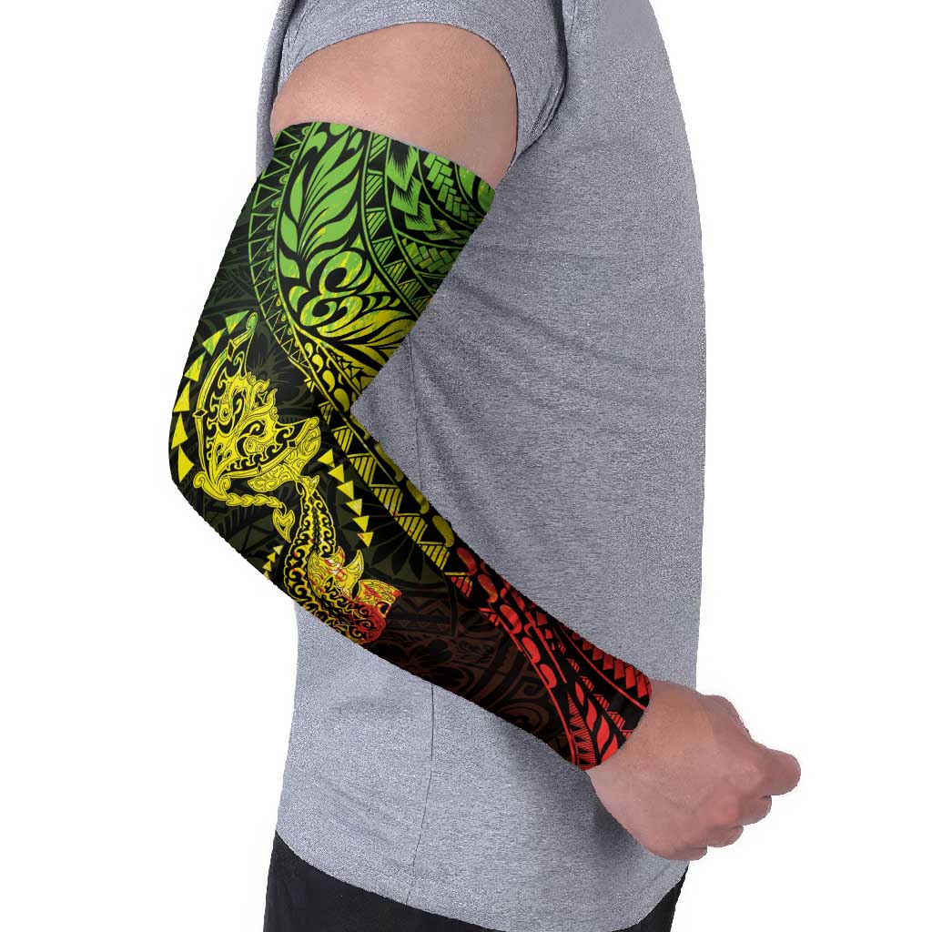 Hawaiian Manta Ray and Hammerhead Shark Tribal Tattoo Arm Sleeves with Polynesian Tribal Pattern Reggae Style
