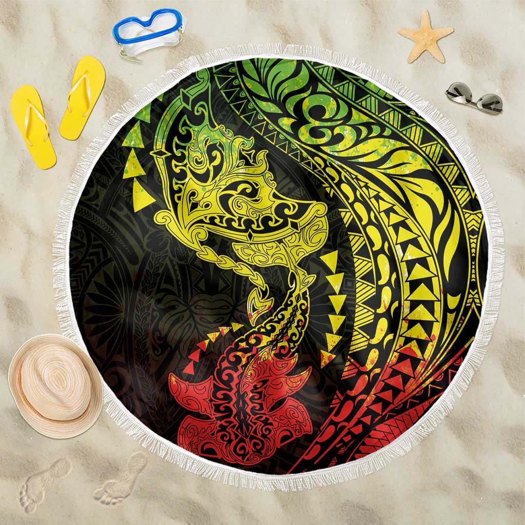 Hawaiian Manta Ray and Hammerhead Shark Tribal Tattoo Beach Blanket with Polynesian Tribal Pattern Reggae Style LT03 One Size 150cm Multicolor - Polynesian Pride