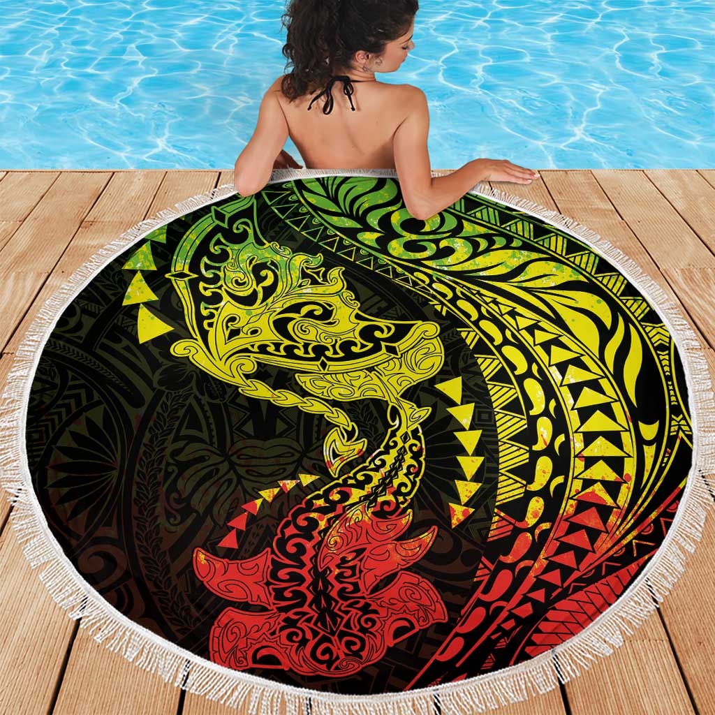Hawaiian Manta Ray and Hammerhead Shark Tribal Tattoo Beach Blanket with Polynesian Tribal Pattern Reggae Style LT03 - Polynesian Pride