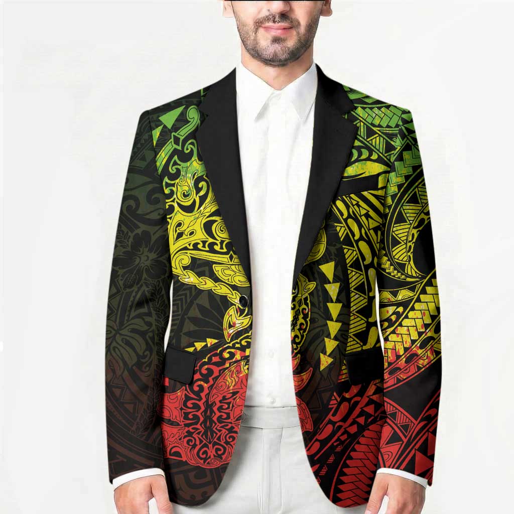 Hawaiian Manta Ray and Hammerhead Shark Tribal Tattoo Blazer with Polynesian Tribal Pattern Reggae Style