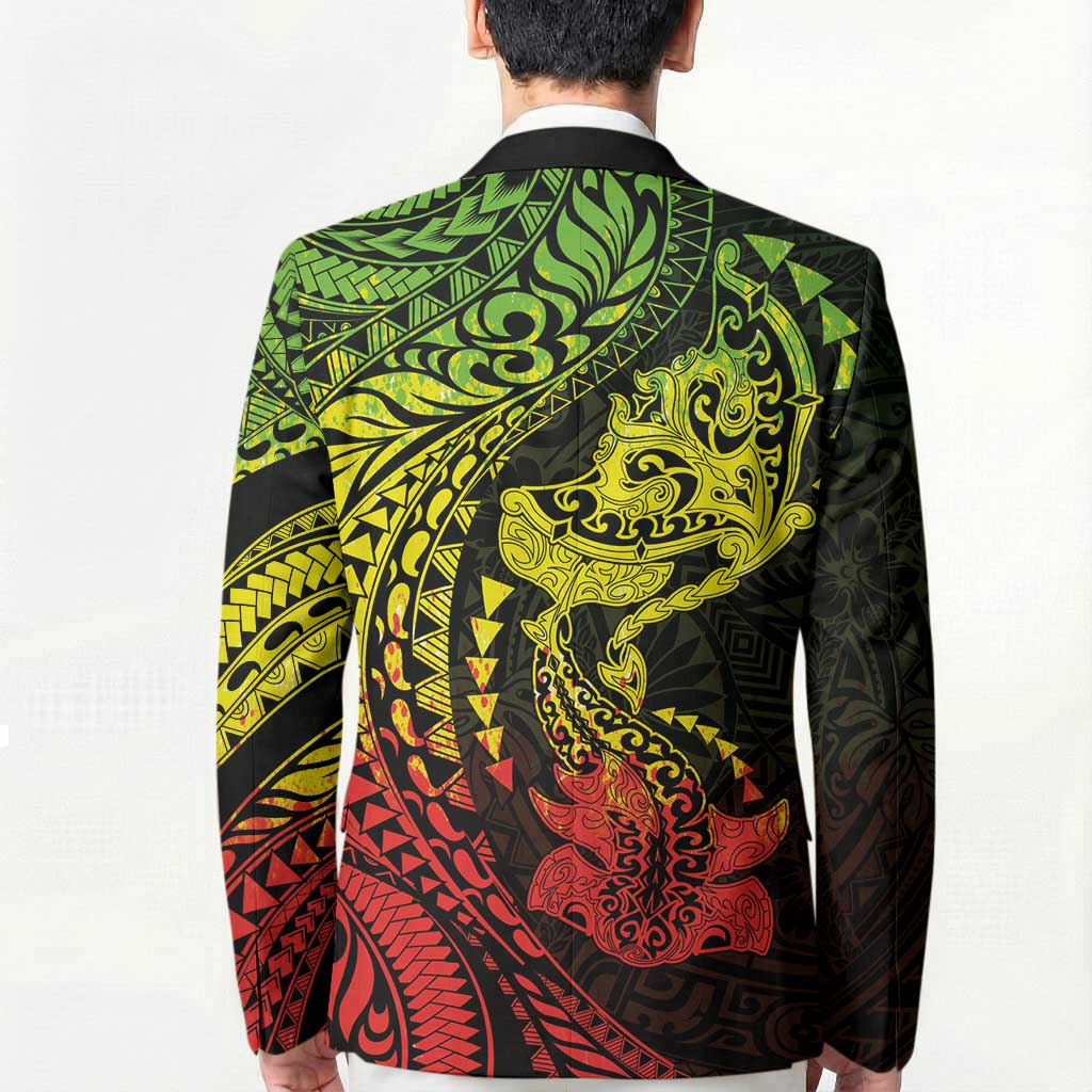 Hawaiian Manta Ray and Hammerhead Shark Tribal Tattoo Blazer with Polynesian Tribal Pattern Reggae Style