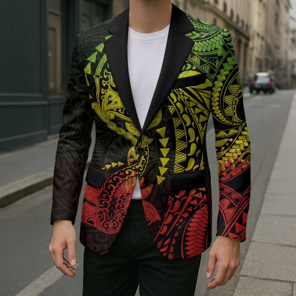 Hawaiian Manta Ray and Hammerhead Shark Tribal Tattoo Blazer with Polynesian Tribal Pattern Reggae Style
