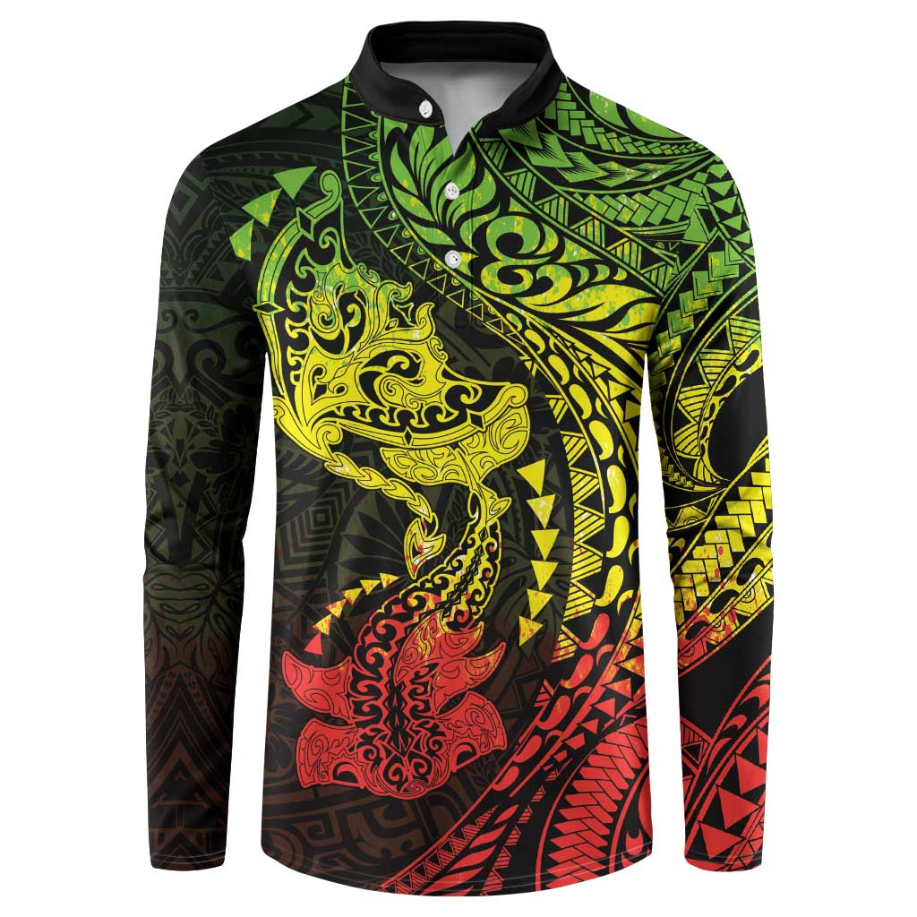 Hawaiian Manta Ray and Hammerhead Shark Tribal Tattoo Button Sweatshirt with Polynesian Tribal Pattern Reggae Style