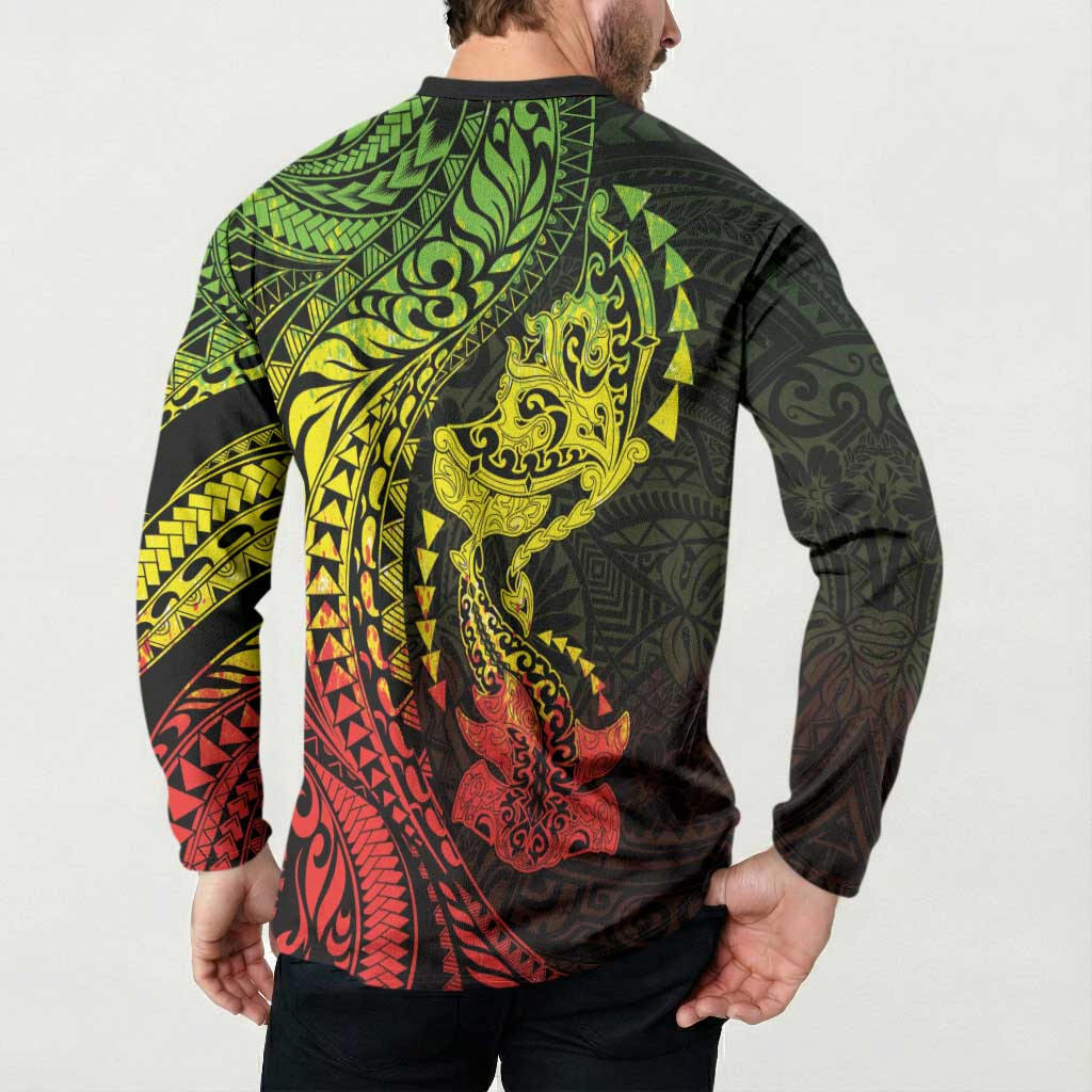 Hawaiian Manta Ray and Hammerhead Shark Tribal Tattoo Button Sweatshirt with Polynesian Tribal Pattern Reggae Style