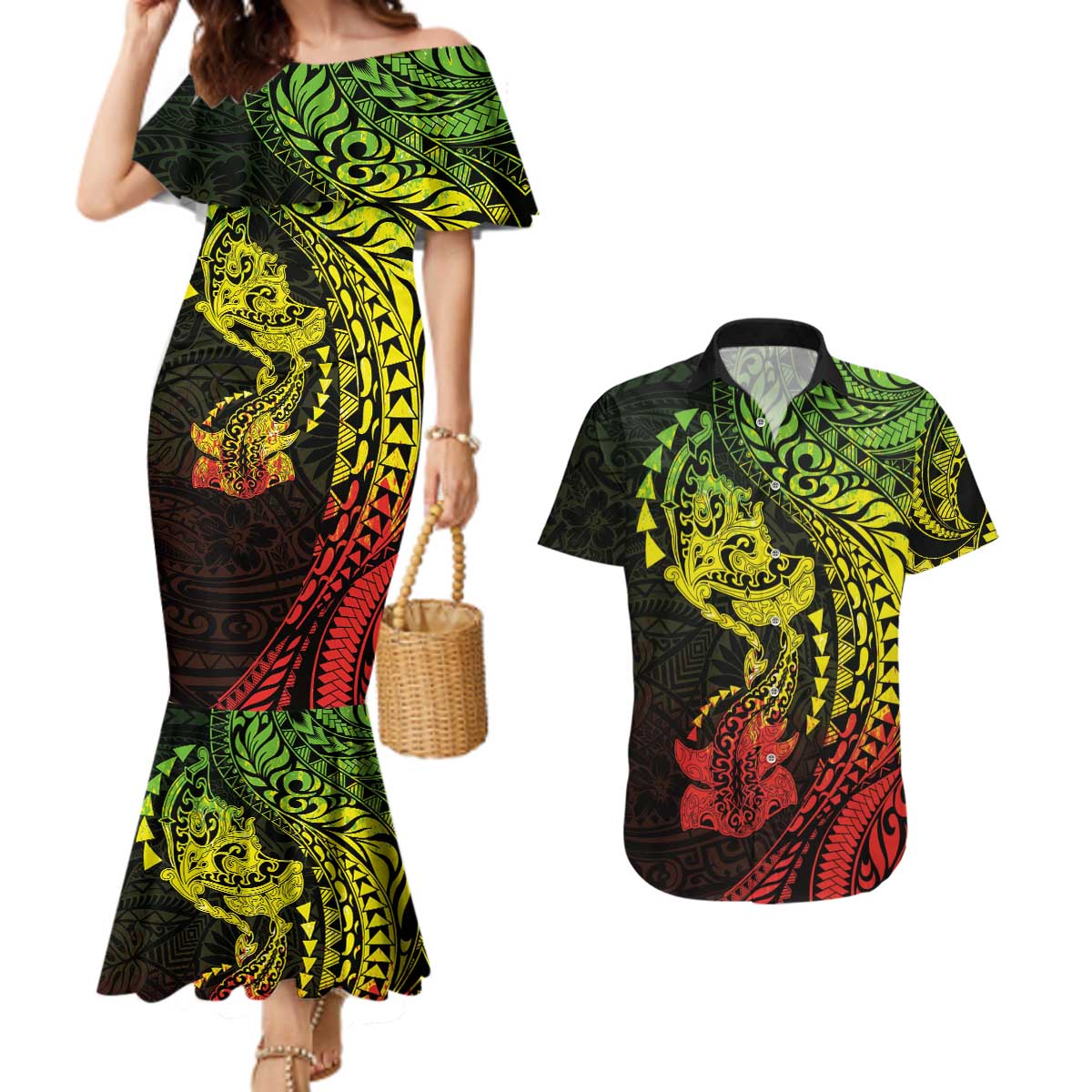 Hawaiian Manta Ray and Hammerhead Shark Tribal Tattoo Couples Matching Mermaid Dress and Hawaiian Shirt with Polynesian Tribal Pattern Reggae Style LT03 Multicolor - Polynesian Pride