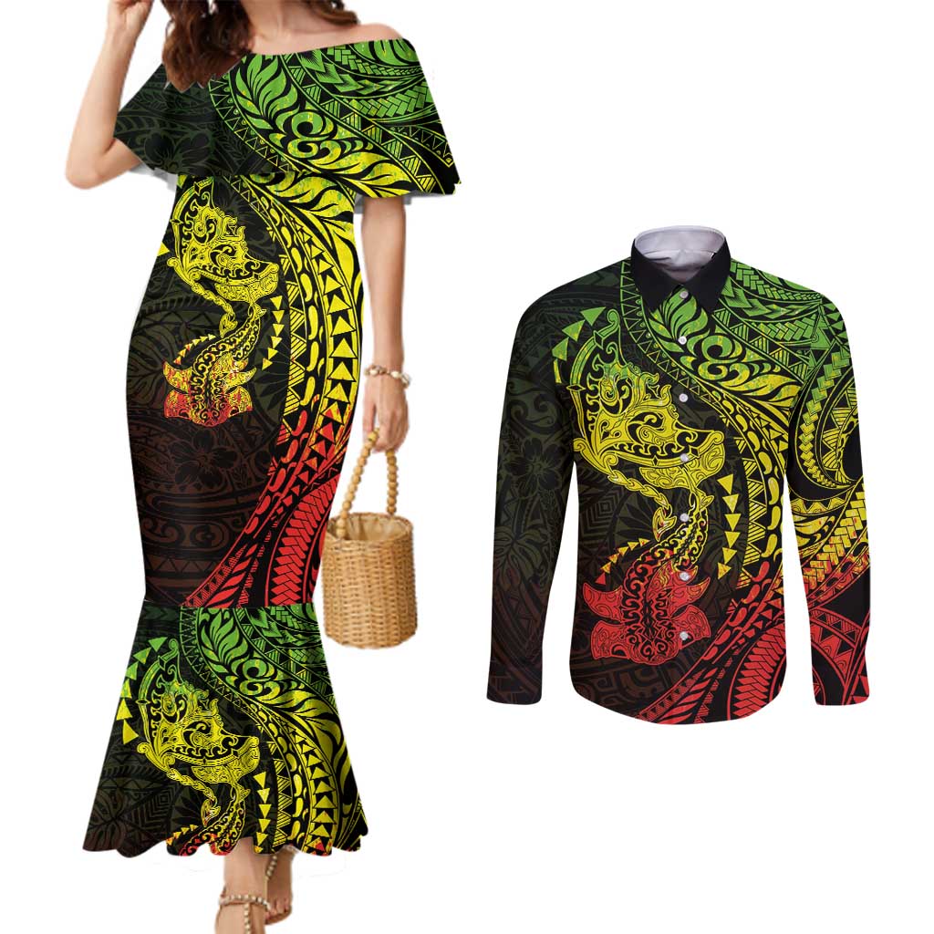 Hawaiian Manta Ray and Hammerhead Shark Tribal Tattoo Couples Matching Mermaid Dress and Long Sleeve Button Shirt with Polynesian Tribal Pattern Reggae Style