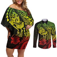 Hawaiian Manta Ray and Hammerhead Shark Tribal Tattoo Couples Matching Off Shoulder Short Dress and Long Sleeve Button Shirt with Polynesian Tribal Pattern Reggae Style LT03 Multicolor - Polynesian Pride