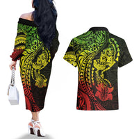 Hawaiian Manta Ray and Hammerhead Shark Tribal Tattoo Couples Matching Off The Shoulder Long Sleeve Dress and Hawaiian Shirt with Polynesian Tribal Pattern Reggae Style LT03 - Polynesian Pride